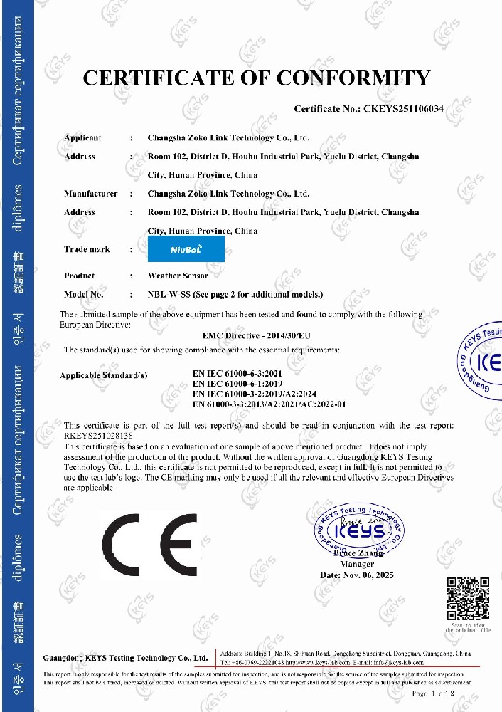 CE Certificate for Weather Sensor