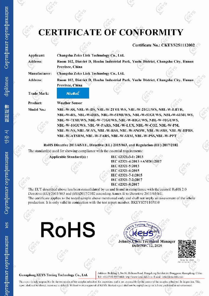 RoHS Certificate for Weather Sensors